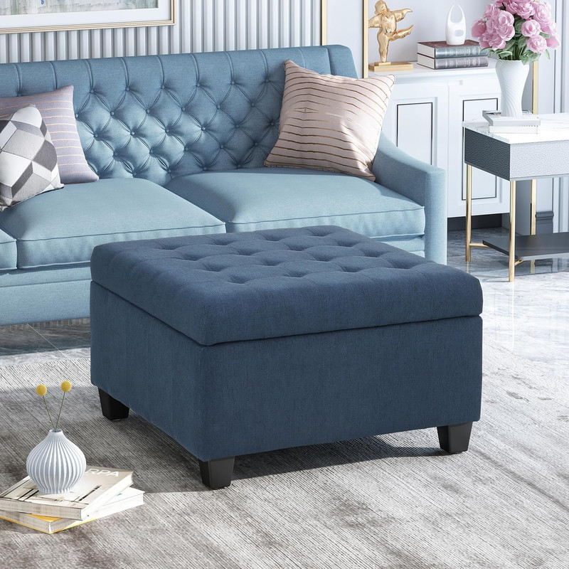 Navy Blue Tufted Storage Ottoman with Wooden Legs for Living Room