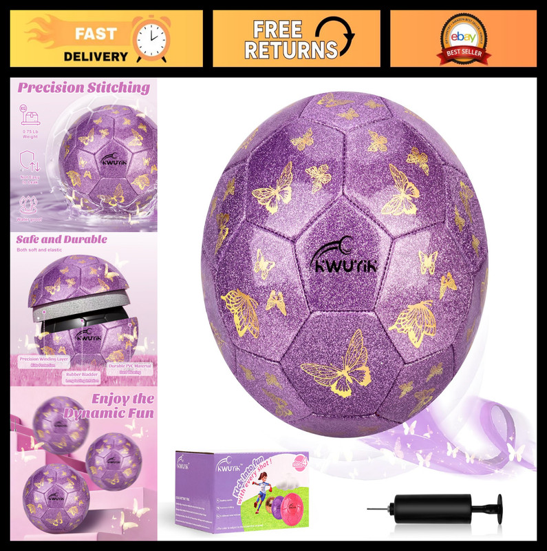 Glitter Butterfly Soccer Ball Size 3/4 – Kids Football for Ages 3-12, Indoor/Out