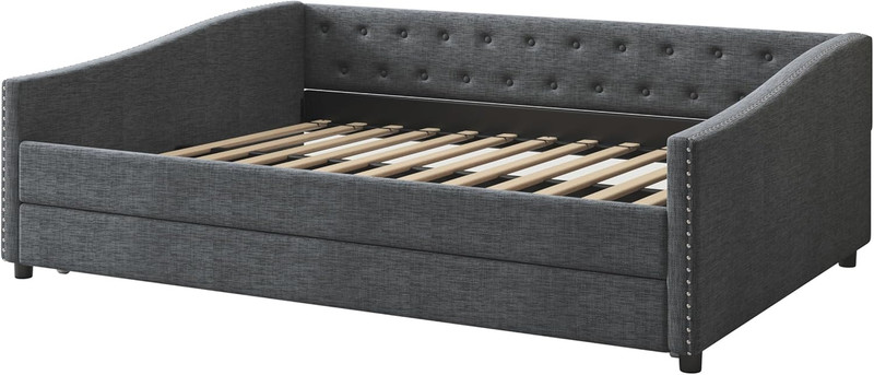 Modern Linen Daybed with Trundle, Button Tufted, Dark Grey, No Box Spring Needed gallery