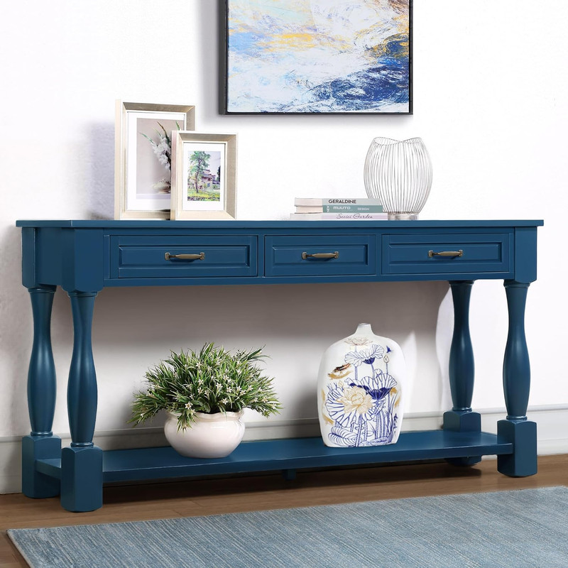 Navy Blue Vintage 63.4" Console Table with 3 Drawers and Open Shelf