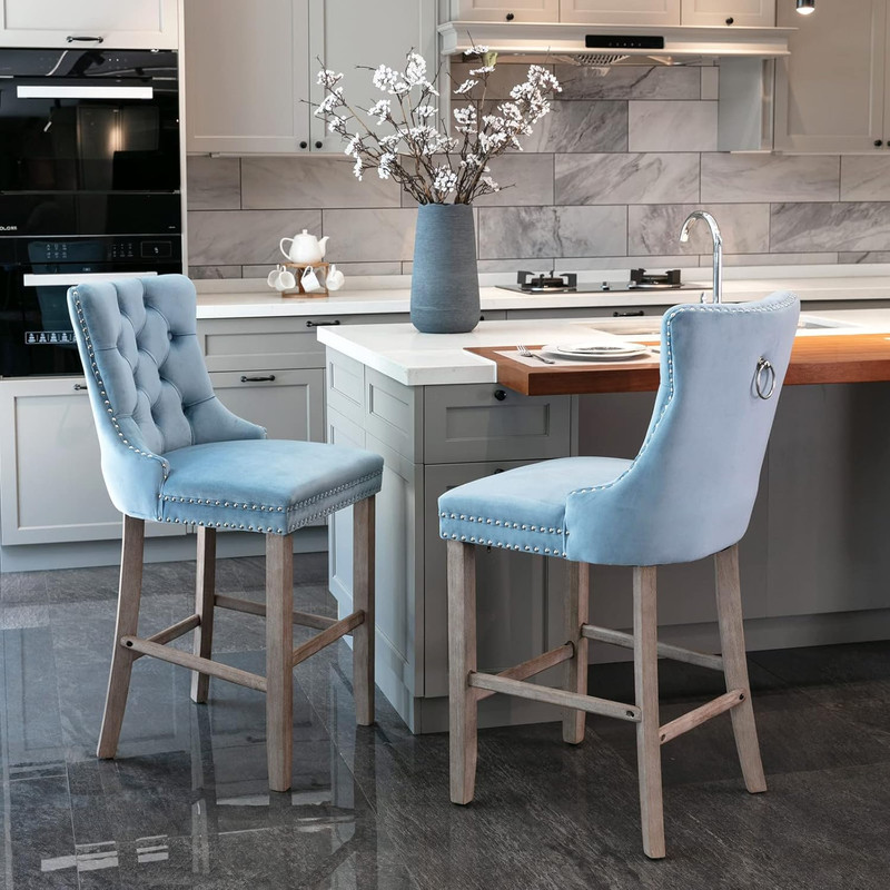 Light Blue Velvet Wingback Bar Stools Set of 2 with Nailhead Trim gallery