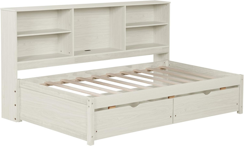 Modern Twin Daybed with Storage, Bookshelves & USB Port - Creamy White gallery