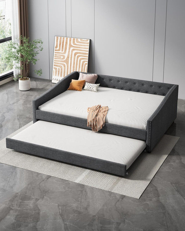 Modern Linen Daybed with Trundle, Button Tufted, Dark Grey, No Box Spring Needed