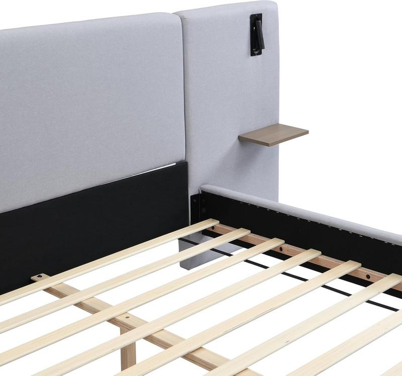 Stylish Queen Bed Frame with Lights & Shelves, Easy Assembly, Grey Linen gallery