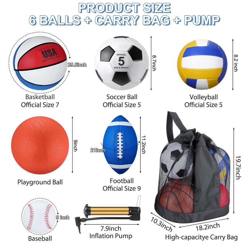 6 Pcs Multi Sport Ball Set Official Size Football Basketball Soccer Volleybal... gallery