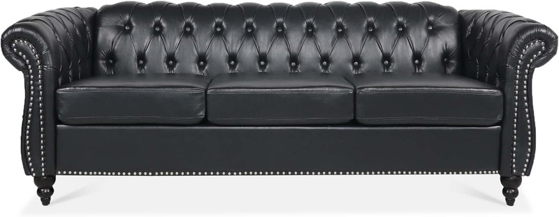 Chesterfield 84" Leather Sofa, Classic 3-Seater with Nailhead Trim, Black PU gallery