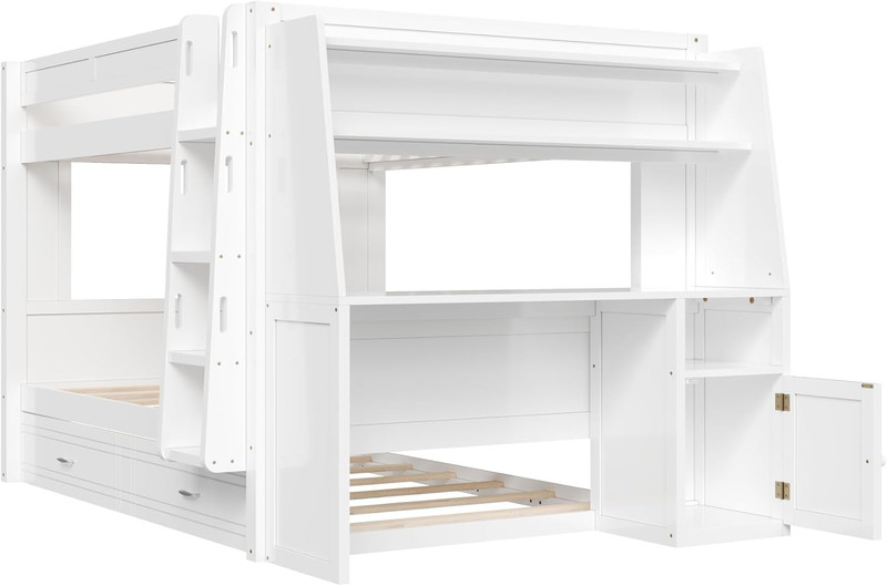 Multifunctional Full Size Bunk Bed with Desk, Trundle & Bookshelves, White gallery