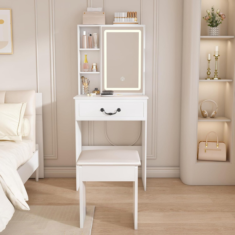 Illuminated Mini Vanity Desk with Hidden Storage & Padded Stool - White
