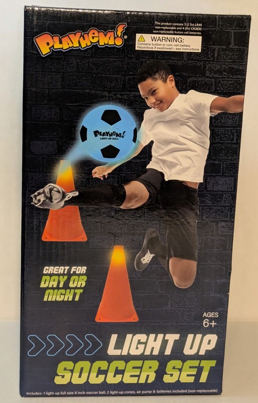 PlayHem! Light Up Soccer Set Includes 8″ Ball 2 Cones Air Pump Batteries