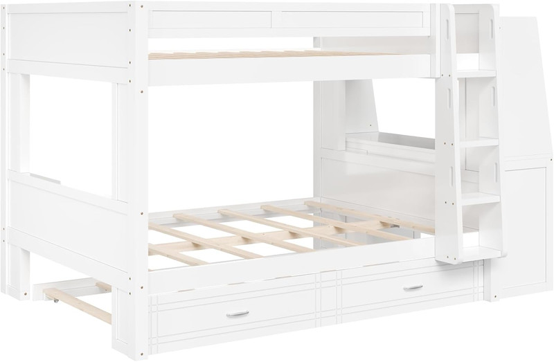Multifunctional Full Size Bunk Bed with Desk, Trundle & Bookshelves, White gallery