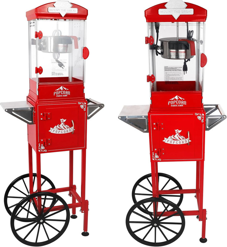 10 Oz Popcorn Popper Machine Theater Style on Wheeled Cart with 3 Plastic Spoon,