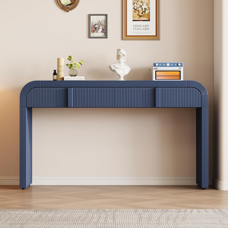 Navy Blue 55" Rounded Console Table with 2 Drawers for Living Room & Hallway gallery