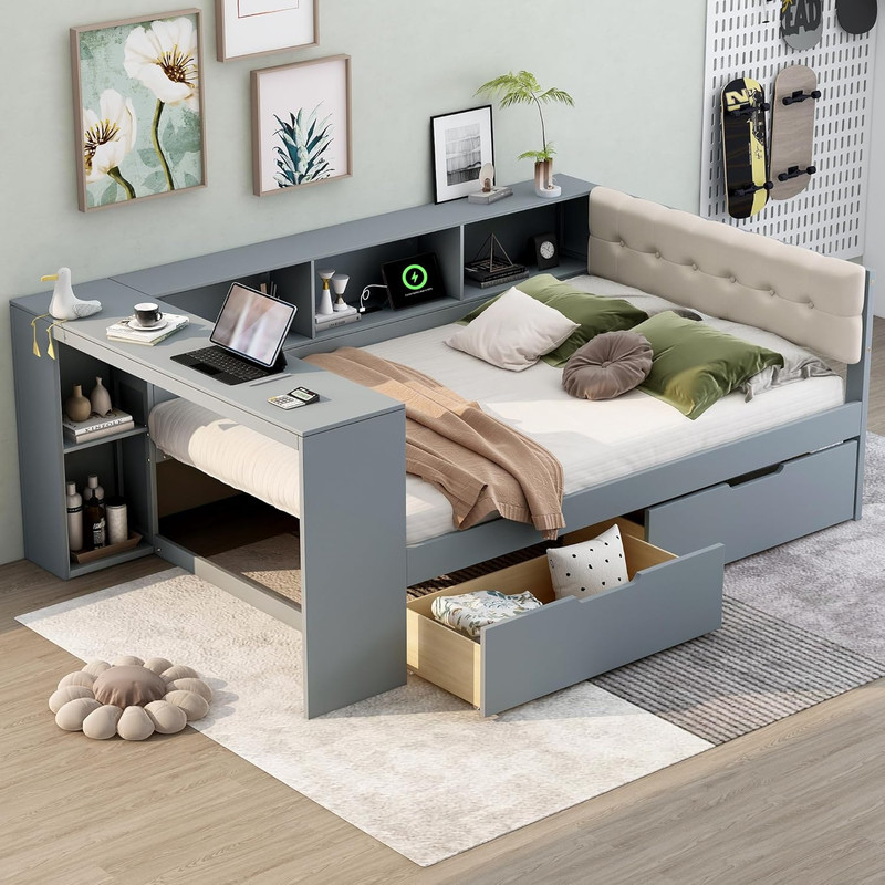 Wood Full Size Platform Bed with Storage Shelves and Drawers,Multiple Bed Frame