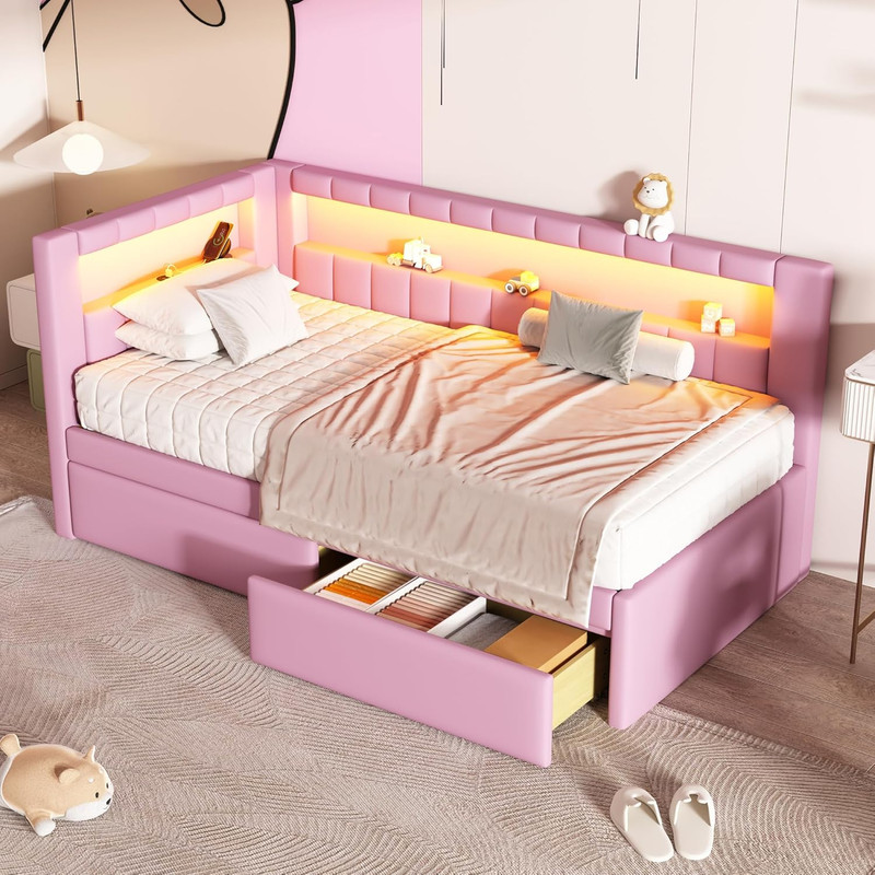 Pink Twin Size Daybed with USB Ports, LED Lights & 2 Drawers for Any Room