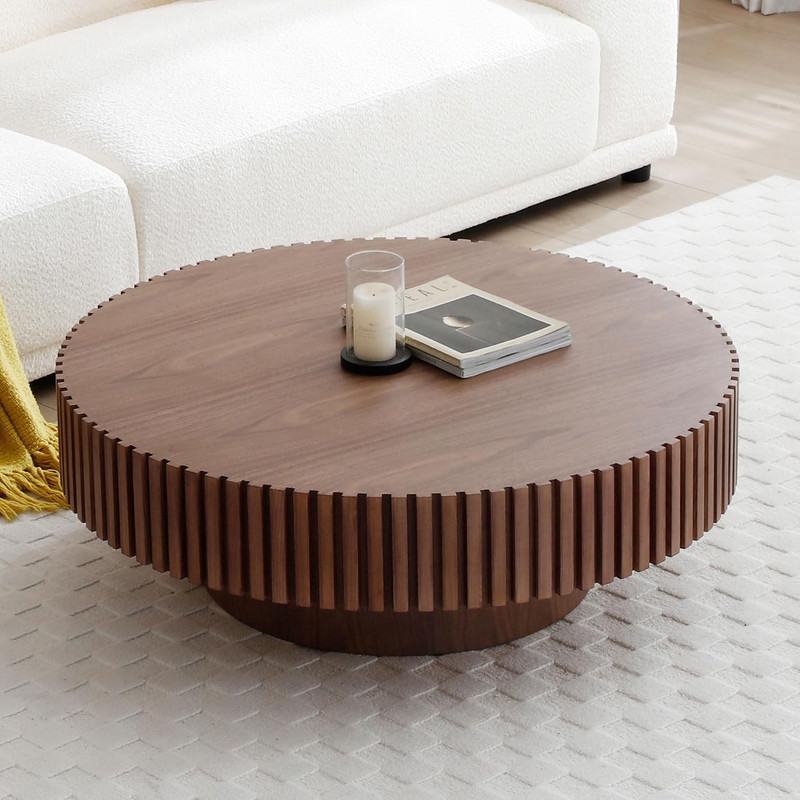 Mid Century Round Coffee Table – Walnut Drum Accent Table for Living Room