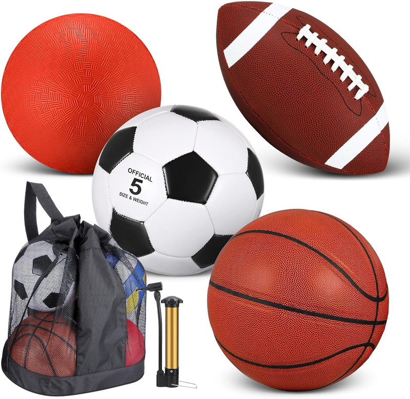 4 Pcs Sports Balls Set for Teen Adult, Include Official Size Basketball Soccer F
