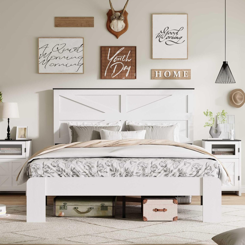 Stylish Queen Size Wood Bed Frame with Headboard, No Box Spring Needed