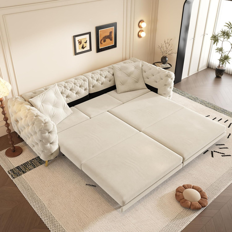 Beige 3-in-1 Convertible Velvet Sleeper Sofa with Movable Ottoman, 4-Seater