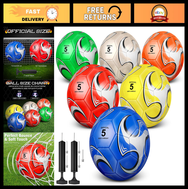 6 Pcs Soccer Balls Set with Pump - Size 5/4/3, Machine Stitched, Indoor/Outdoor