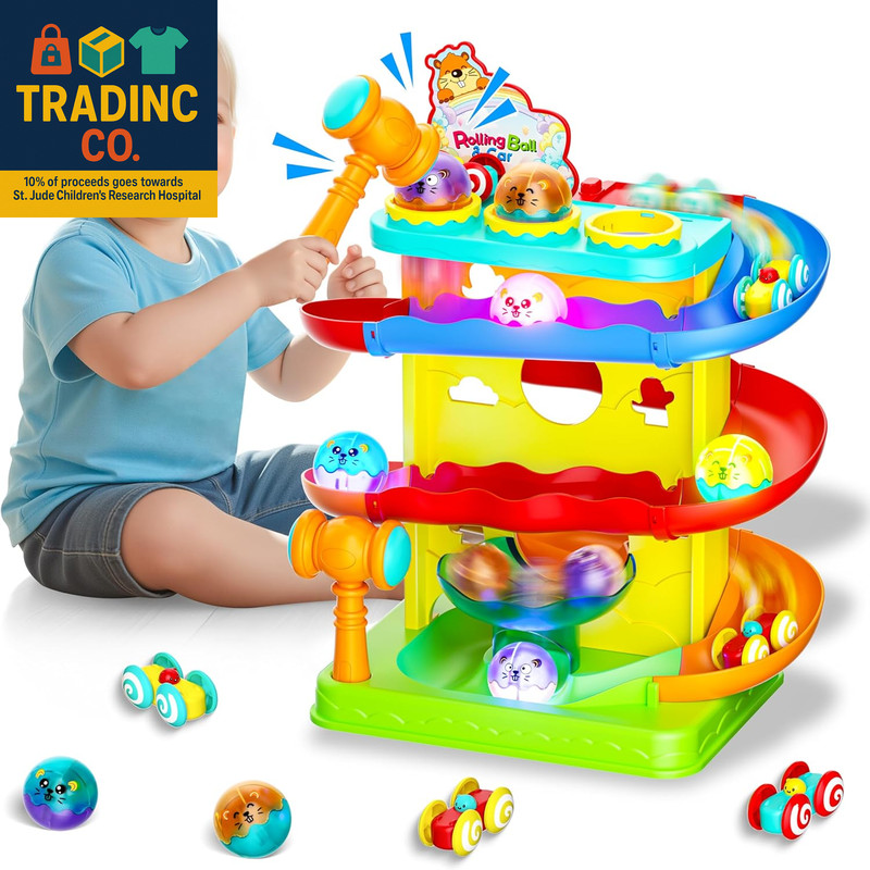 2-In-1 Ball & Racing Car Ramp Toy for Toddlers, Race Track Hammer Rolling Lights