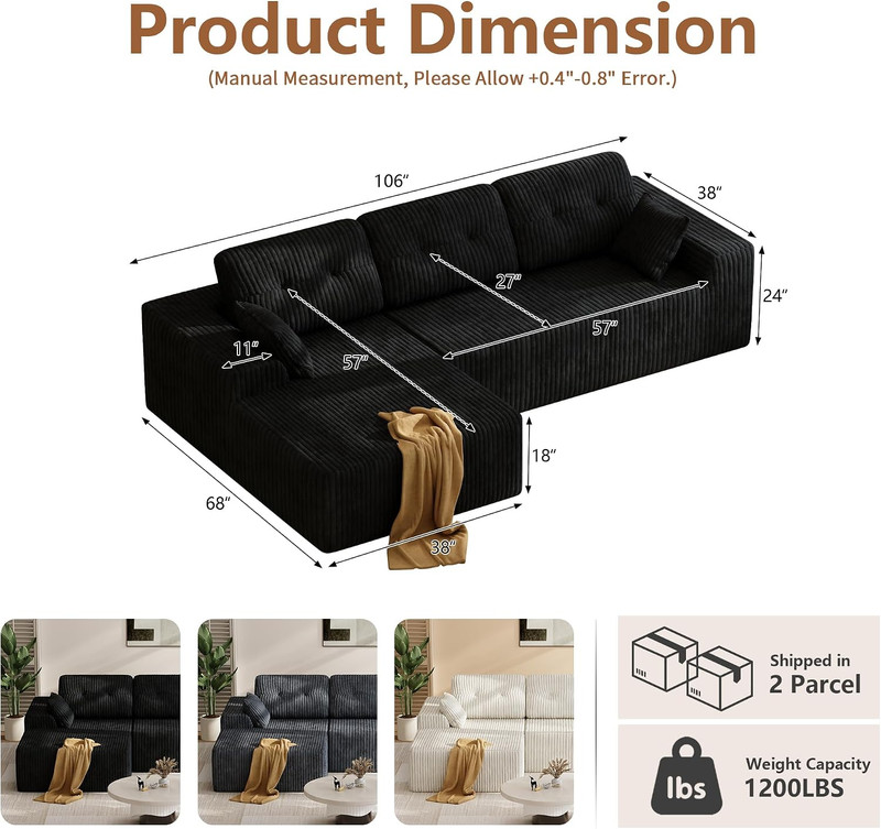 106" Modular Cloud Corduroy Sectional Sofa with Deep Seat - Left Chaise Black gallery