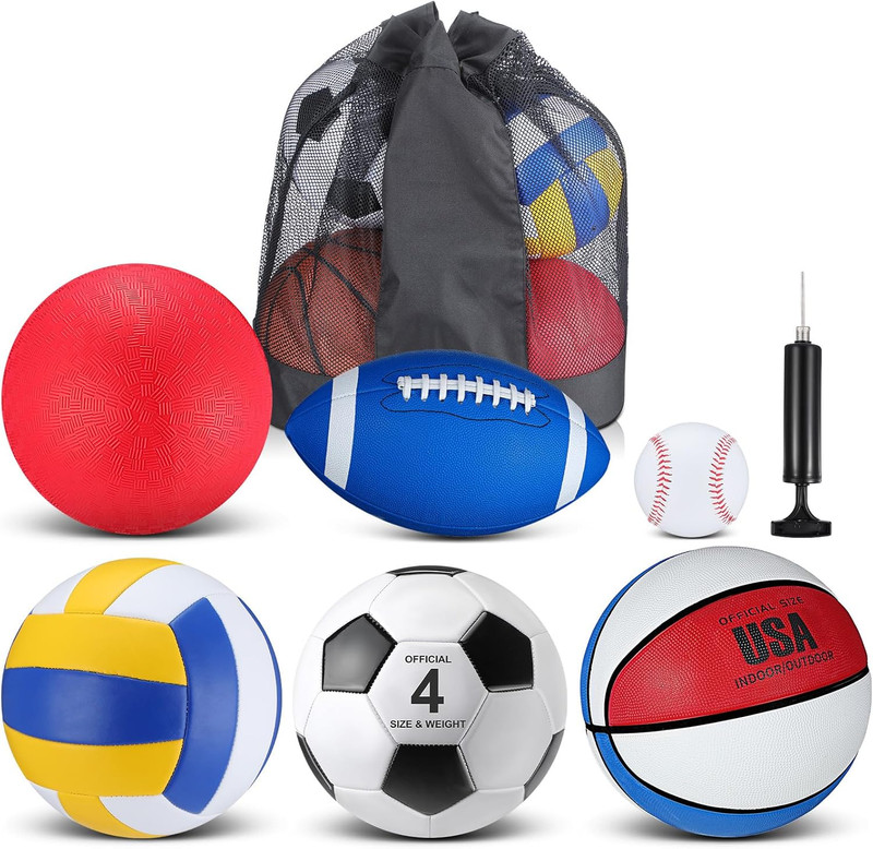 6 Pcs Kids Sport Ball Set Includes Official Size Soccer, Basketball, Football, V