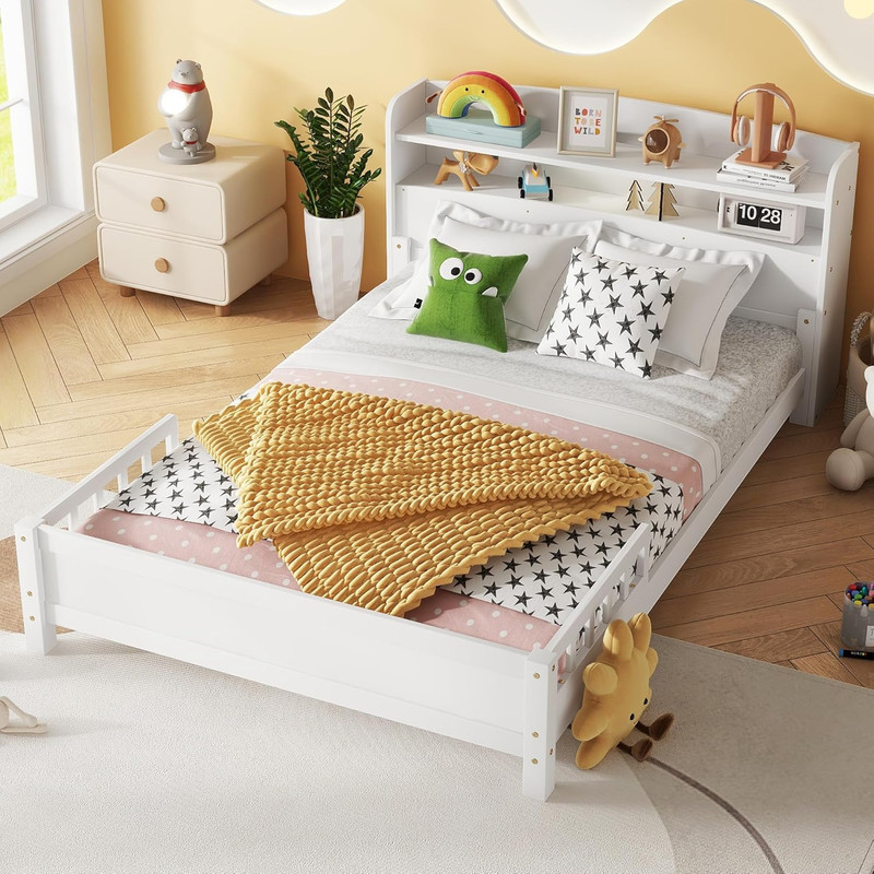Stylish Full Platform Bed with Bookcase Headboard & LED Lights, White