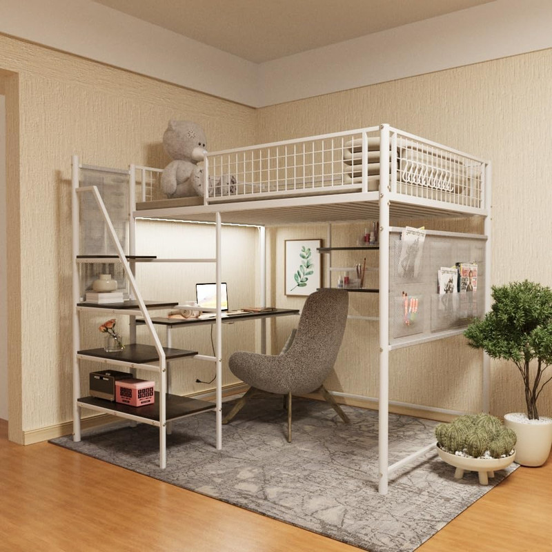 Loft Bed with Desk & Charging Station, Metal Frame, Space-Saving Design, White