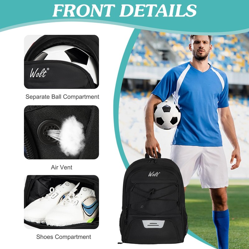 WOLT Soccer Backpack Bag with Ball Holder & Shoes Large, Black gallery