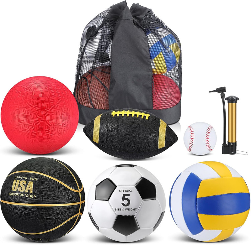 6 Pcs Multi Sport Ball Set Official Size Football Basketball Soccer Volleyball P