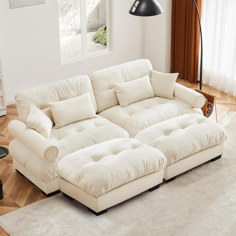 Modern Cream Modular Sectional Sofa with Ottomans and Pillows