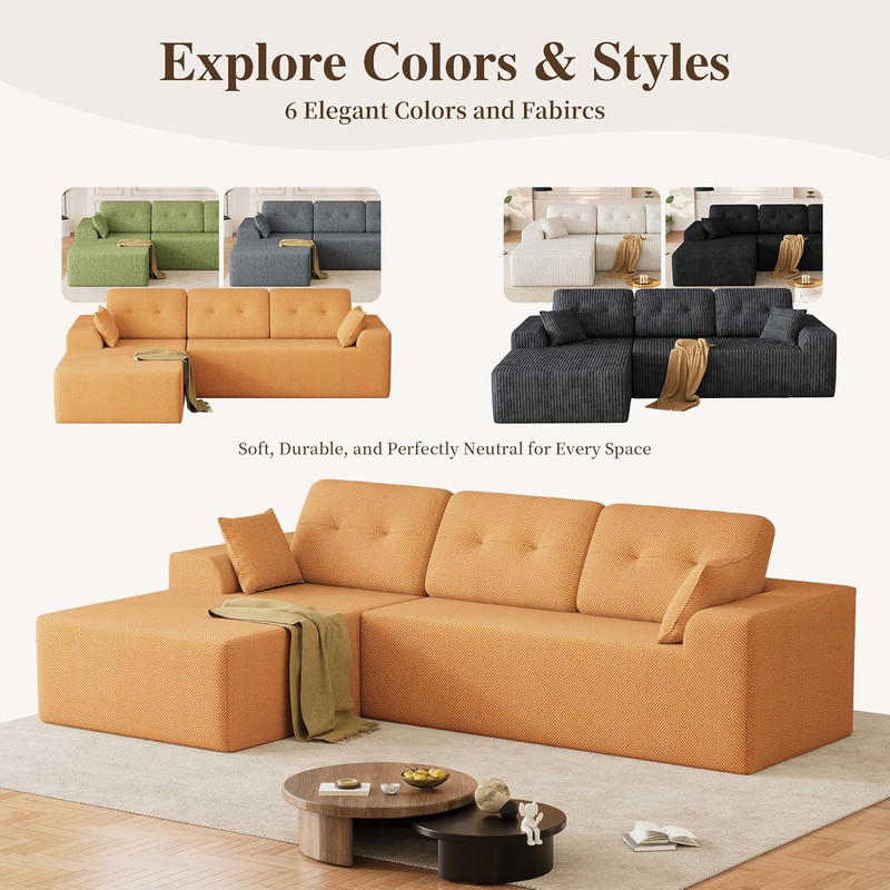 106" Cloud Sectional Couch, Compressed L-Shaped Sofa with Deep Seat Chaise, Bone gallery