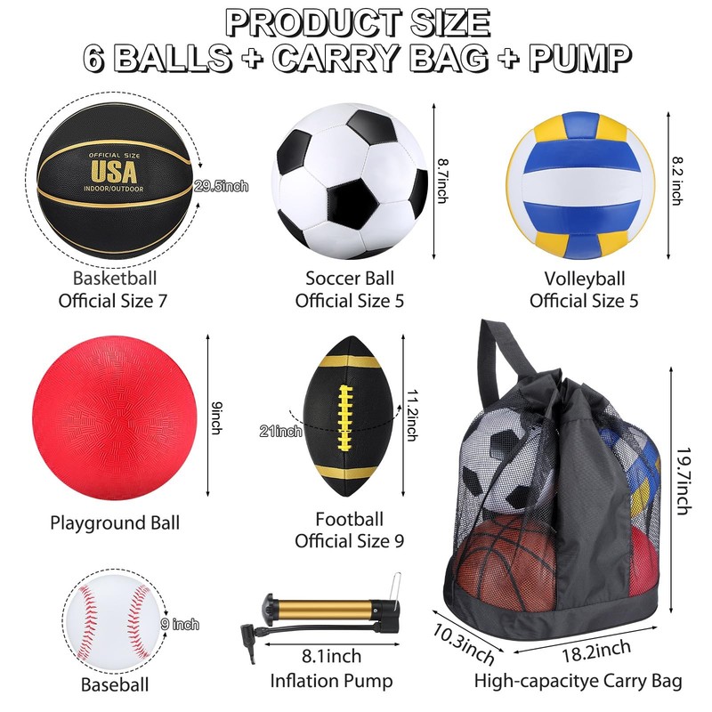 6 Pcs Multi Sport Ball Set Official Size Football Basketball Soccer Volleybal... gallery