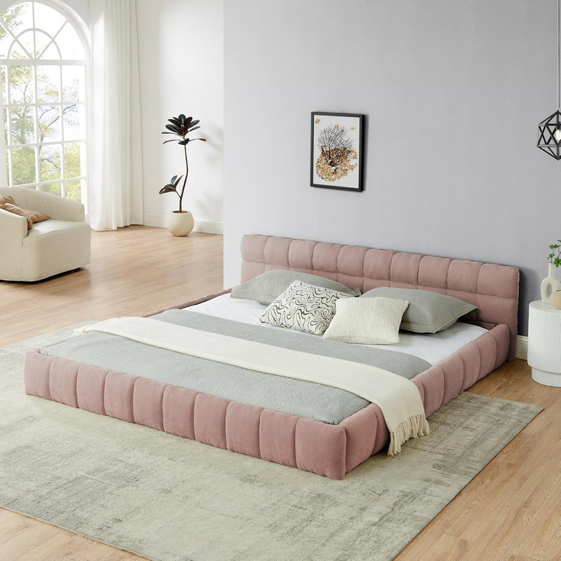 Pink Chenille King Size Bed Frame with Tufted Headboard & Wood Slat Support