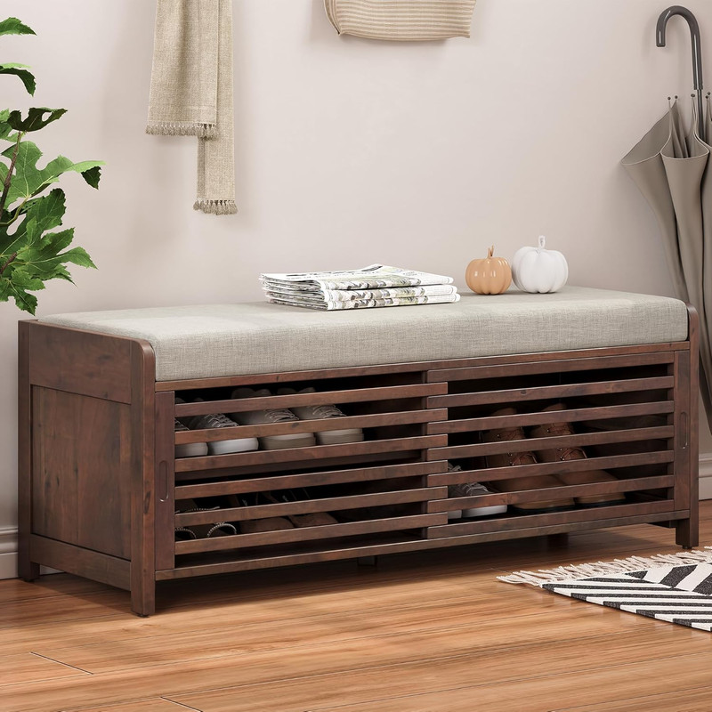 Modern Entryway Storage Bench with Shutter Doors and Upholstered Seat, Espresso