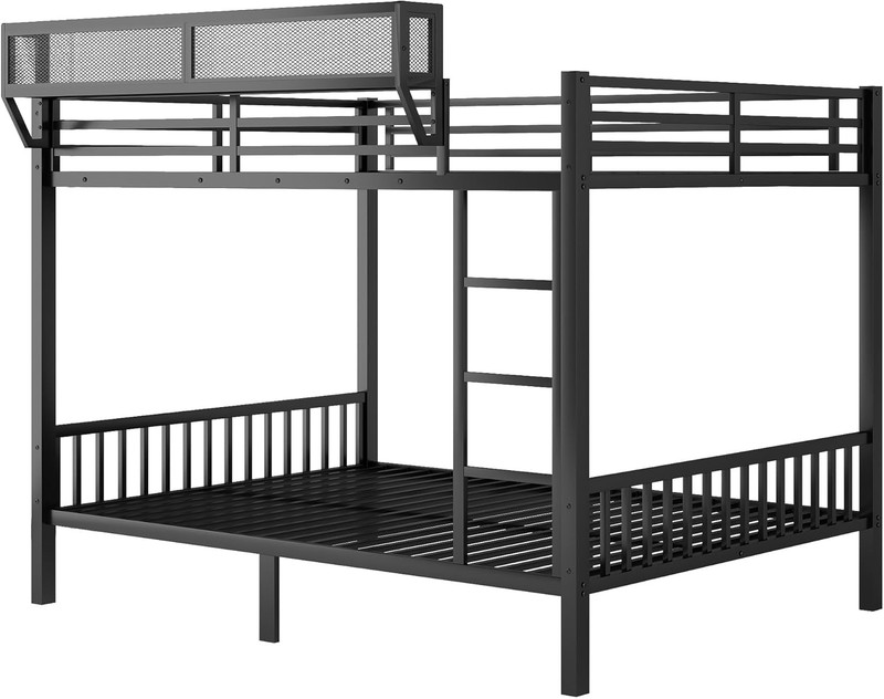 Stylish Queen Bunk Bed with Ladder & Storage, Space-Saving Metal Design, Black gallery