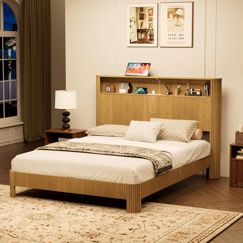 Queen Size Bed Frame with Storage Headboard & Charging Station - Natural Finish