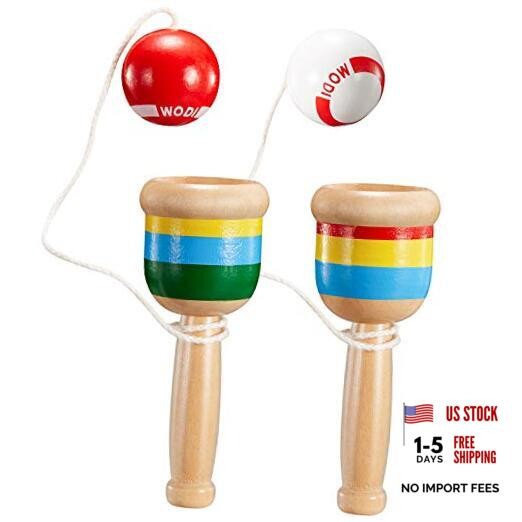 2-Piece Jacks Game with Paddle, String, Cup, Ball - Mini Wood Catch Ball