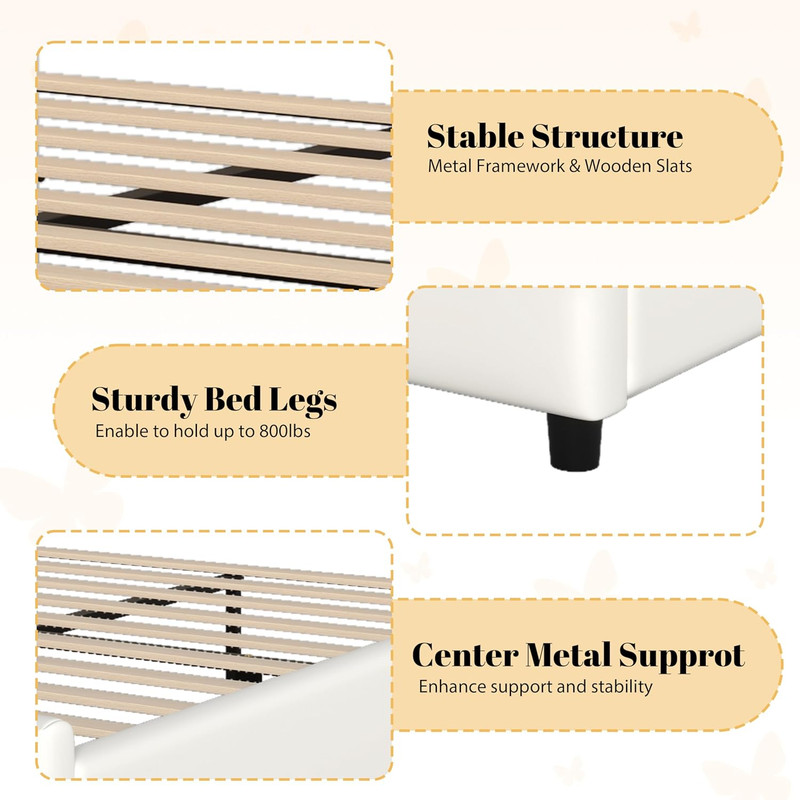 Beige Queen PU Leather Platform Bed with Butterfly Headboard, Easy Assembly gallery
