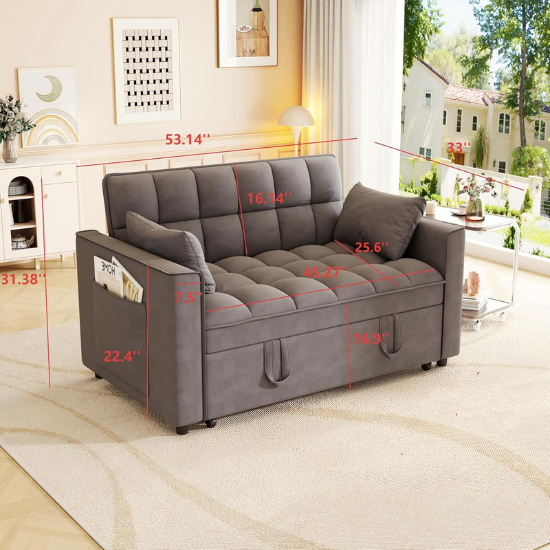 Convertible Velvet Sleeper Sofa Bed with Pillows & Side Pocket, Dark Gray gallery