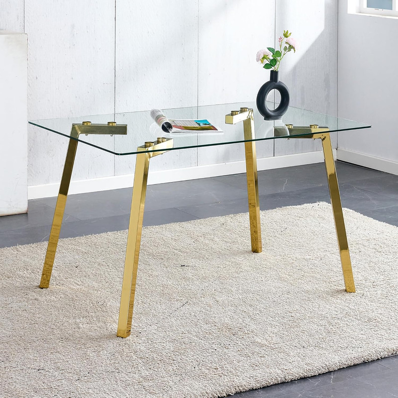 51" Modern Glass Dining Table with Gold Legs for Home & Office, Clear Finish