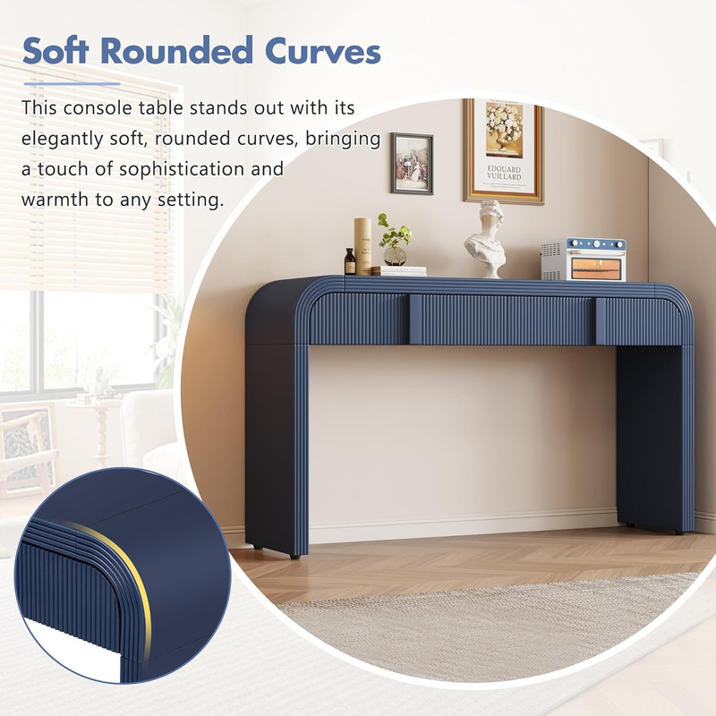 Navy Blue 55" Rounded Console Table with 2 Drawers for Living Room & Hallway gallery