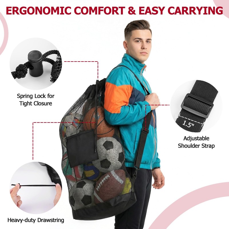 Extra Large Mesh Ball Bag with Pocket, Holds 13 Large, Black gallery