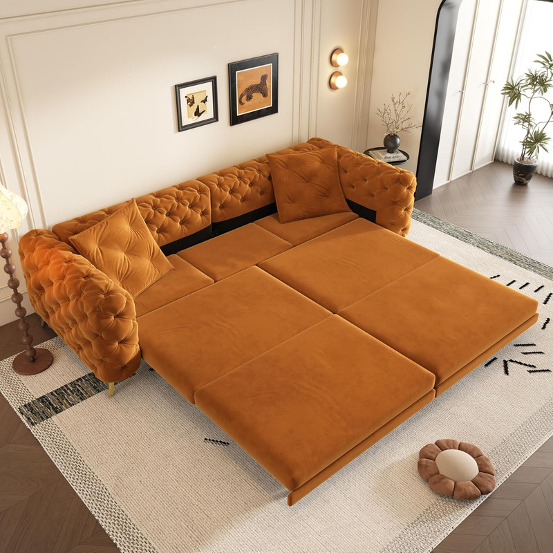 Modern 3-in-1 Velvet Sleeper Sofa with Movable Ottoman, Orange