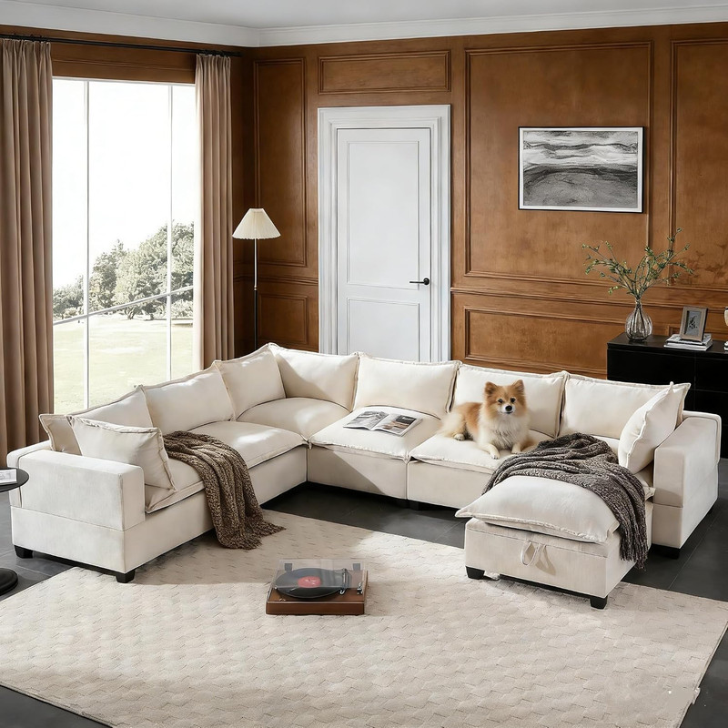 Oversized U-Shaped Sectional Sofa with Storage Ottoman & 9 Pillows, Beige