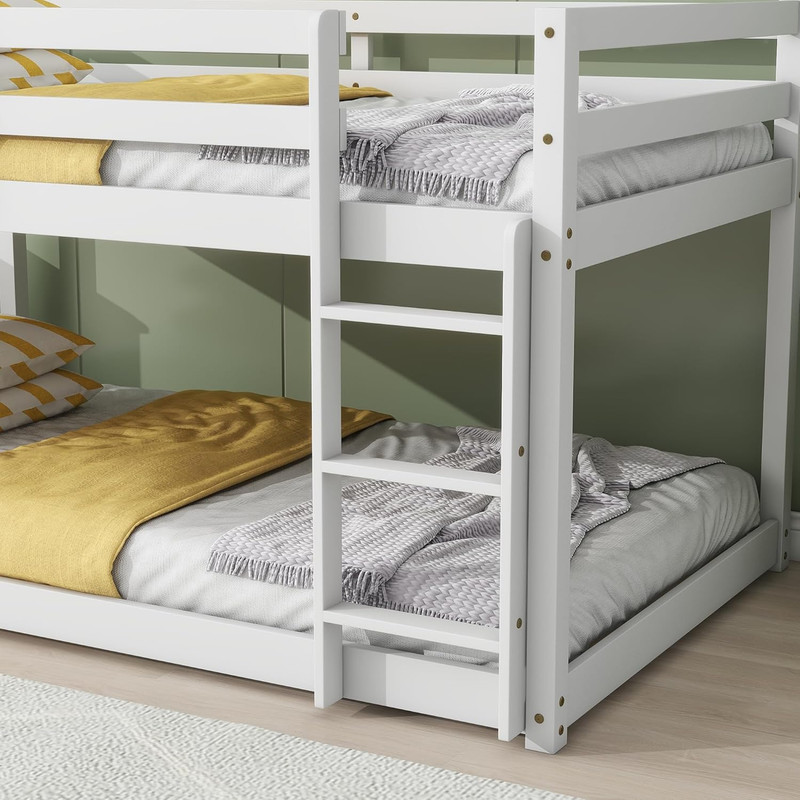 Twin Over Twin Solid Rubber Wood Bunk Bed with Ladder & Guardrail - White gallery