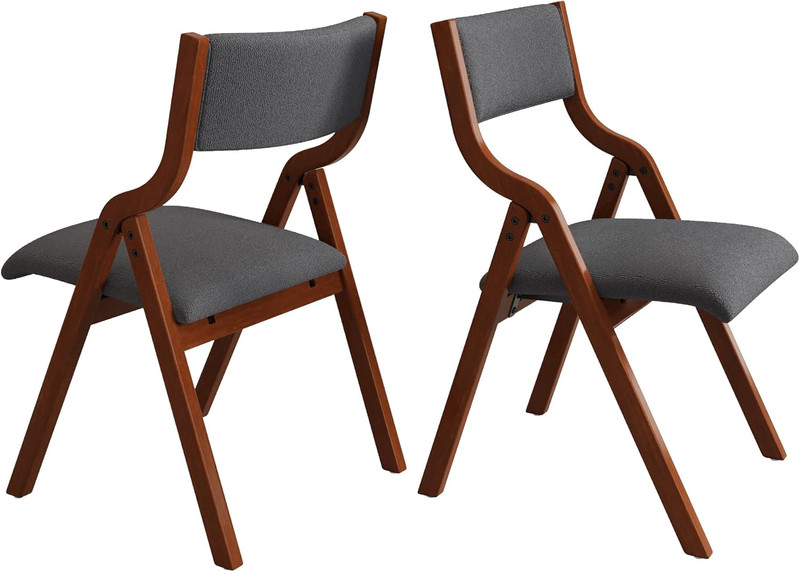 Light Grey Padded Folding Chairs 2 Pack, Solid Wood, Space Saving Design