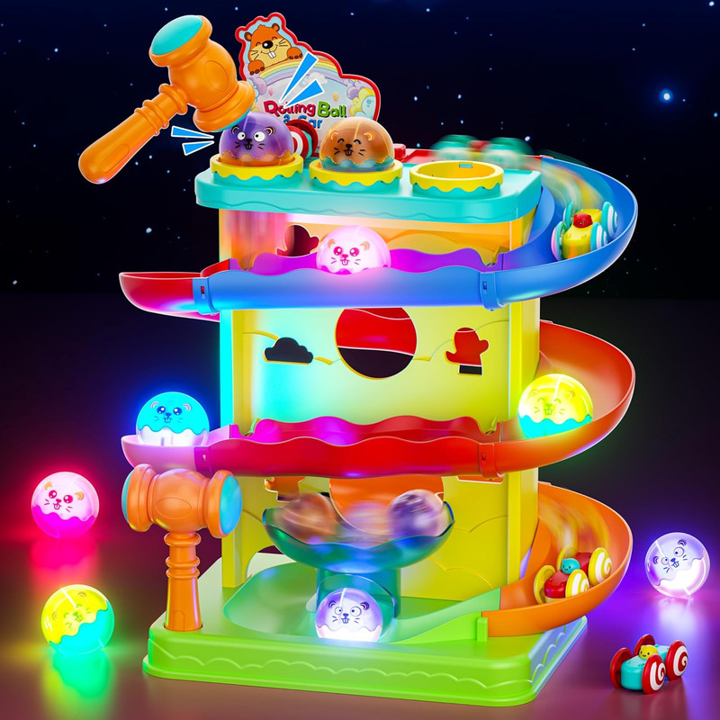 2-In-1 Ball & Racing Car Ramp Toy for Toddlers, Race Track Hammer Rolling Lights