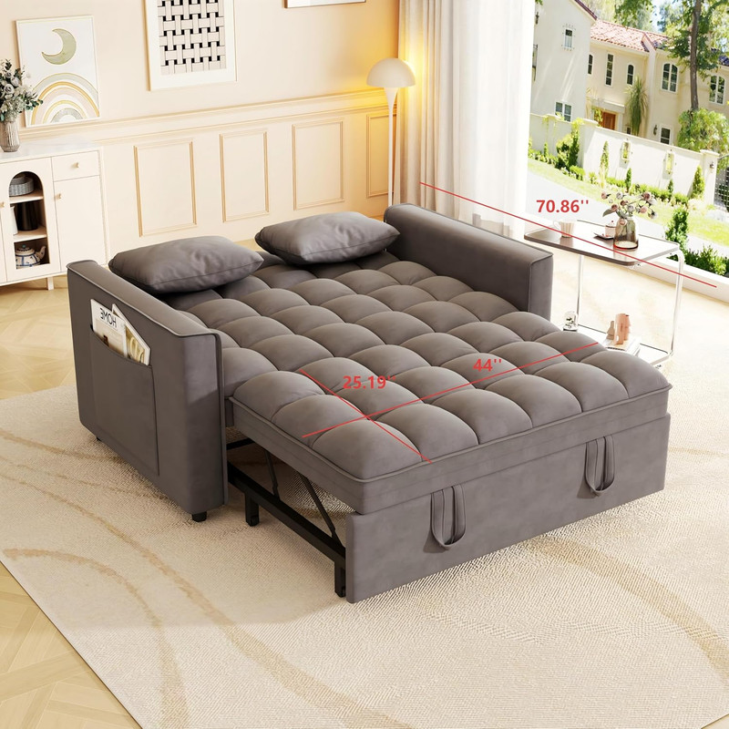 Convertible Velvet Sleeper Sofa Bed with Pillows & Side Pocket, Dark Gray gallery