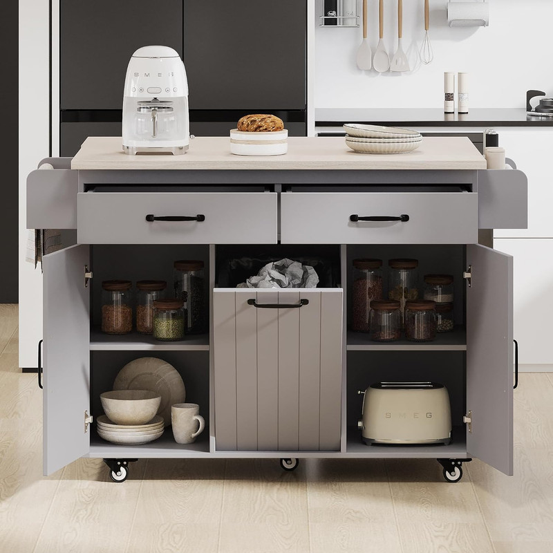 Grey Kitchen Island with Trash Can, Drop Leaf, Spice Rack & Wheels